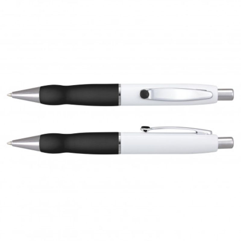 Set of 24 sleek white and black Turbo Barrel pens with soft grips, chrome accents, and high-capacity black ink refills.