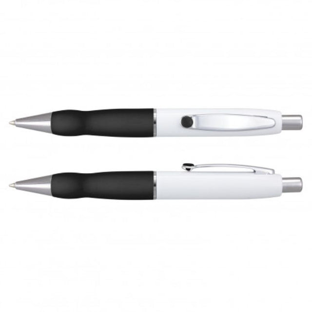 Set of 24 sleek white and black Turbo Barrel pens with soft grips, chrome accents, and high-capacity black ink refills.