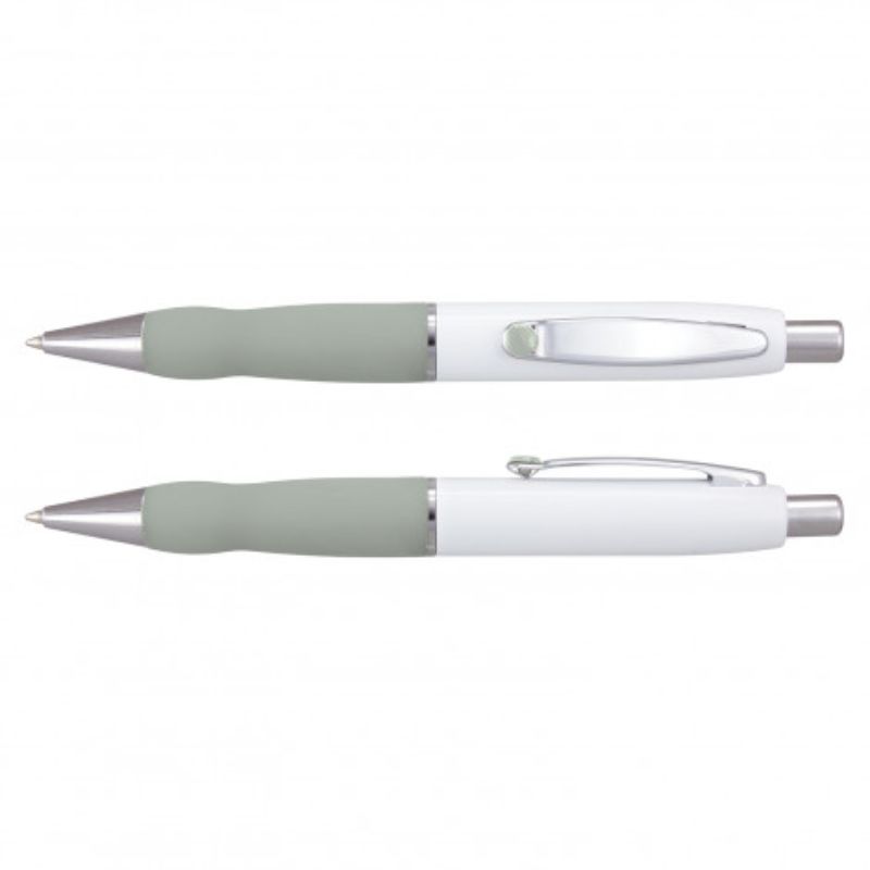 Set of 24 white/grey Turbo Barrel Pens with soft grip, chrome accents, and 1800m smooth writing ink refills.