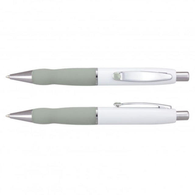 Set of 24 white/grey Turbo Barrel Pens with soft grip, chrome accents, and 1800m smooth writing ink refills.