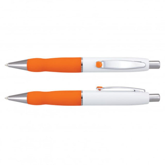 Set of 24 Turbo Barrel Pens in white and orange with rubber grip, smooth writing, and sleek chrome accents.