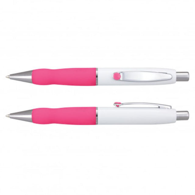 Set of 24 sleek white and pink Turbo Barrel pens with soft grips, shiny chrome accents, and high-quality ink refills.