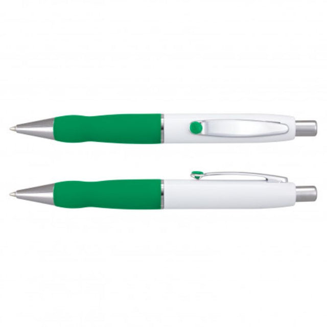 Set of 24 Turbo Barrel Pens in White/Dark Green with retractable design, soft grip, and shiny chrome accents.