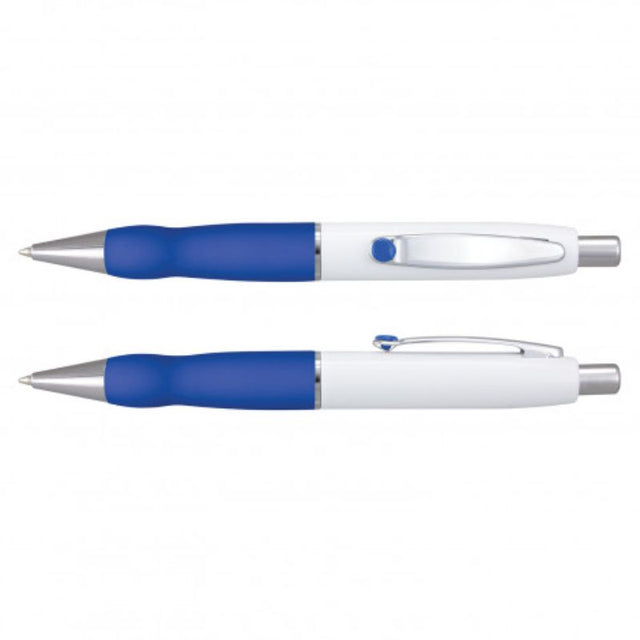 Set of 24 Turbo Barrel Pens in white and dark blue with soft grip, chrome accents, and 1800m black ink refill.