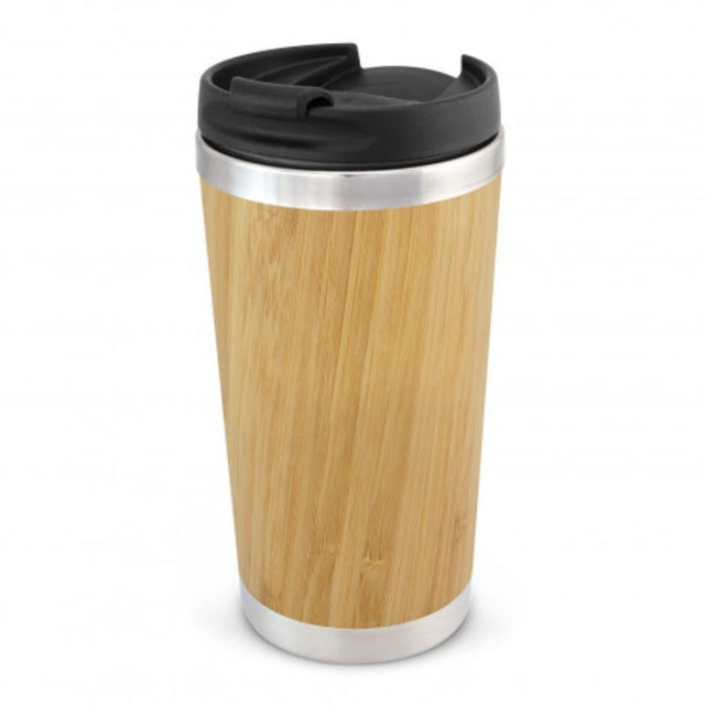 Bamboo Double Wall Cup with stainless steel inner, secure lid, eco-friendly, stylish, and handwash only, in natural finish.