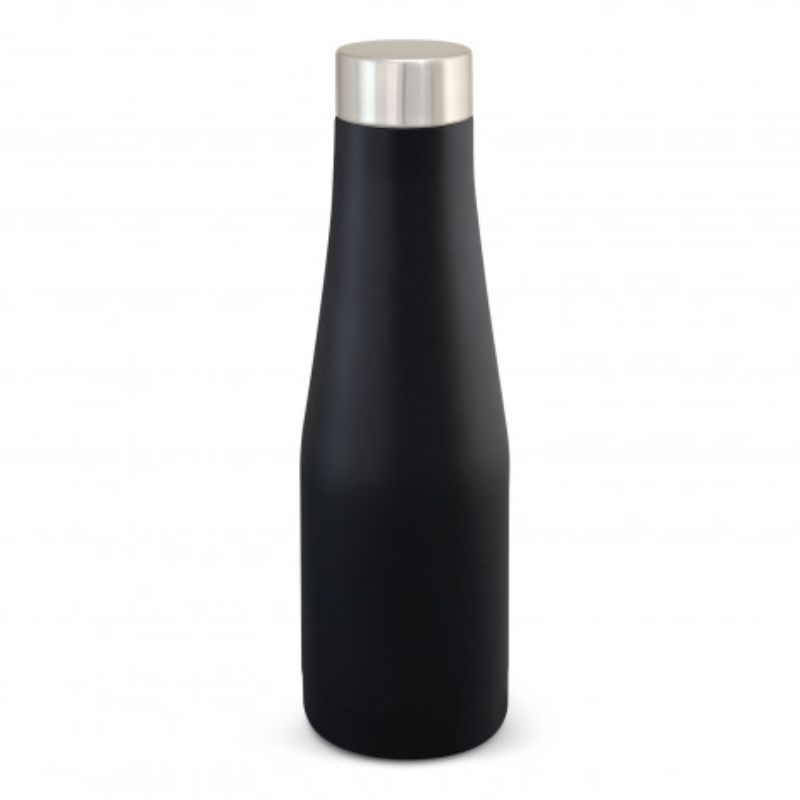 Matt black 500ml vacuum bottle with double-wall insulation, keeps drinks cold for 24 hours and hot for 12 hours.