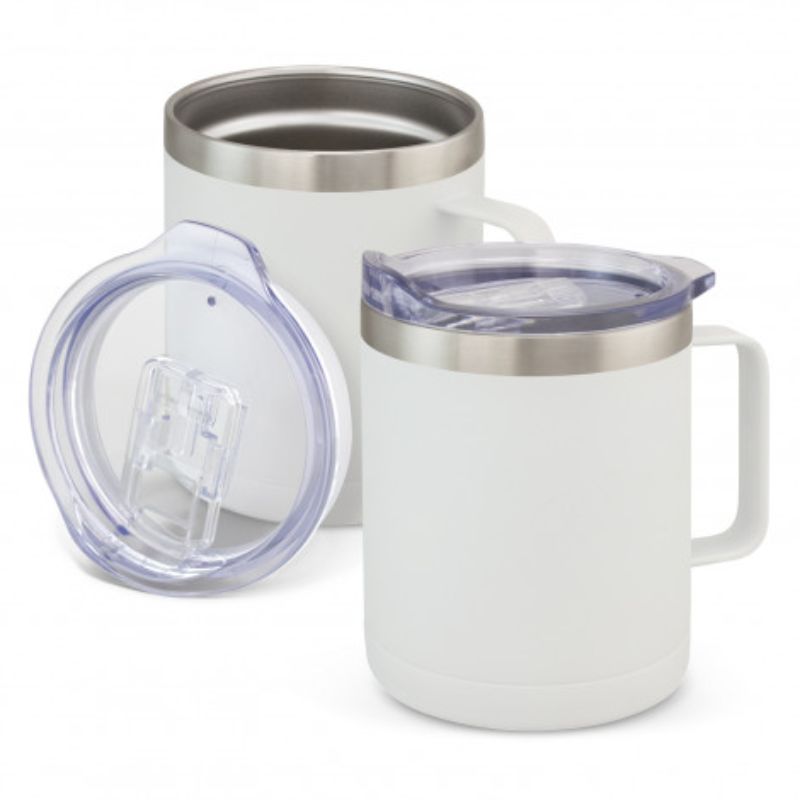 White Zeus 400ml vacuum cup made of stainless steel, featuring a double-wall design for temperature retention and a spill-proof lid.