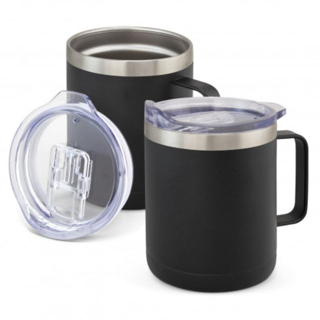 Black Zeus Vacuum Cup, 400ml; double-wall insulated, splashproof lid, sleek finish for hot or cold drinks on the go.