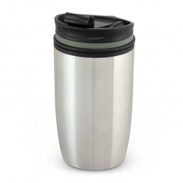 Double wall stainless steel cup set of 6, designed for hot or cold drinks with a spill-proof lid and non-marking base.