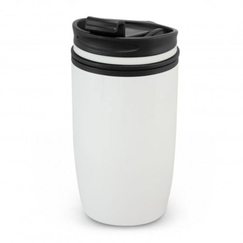 Sleek white double wall cup set of 6, 300ml, with stainless steel outer, polypropylene inner, and secure splash-proof lid.