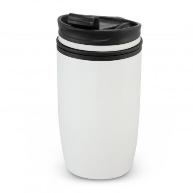 Sleek white double wall cup set of 6, 300ml, with stainless steel outer, polypropylene inner, and secure splash-proof lid.
