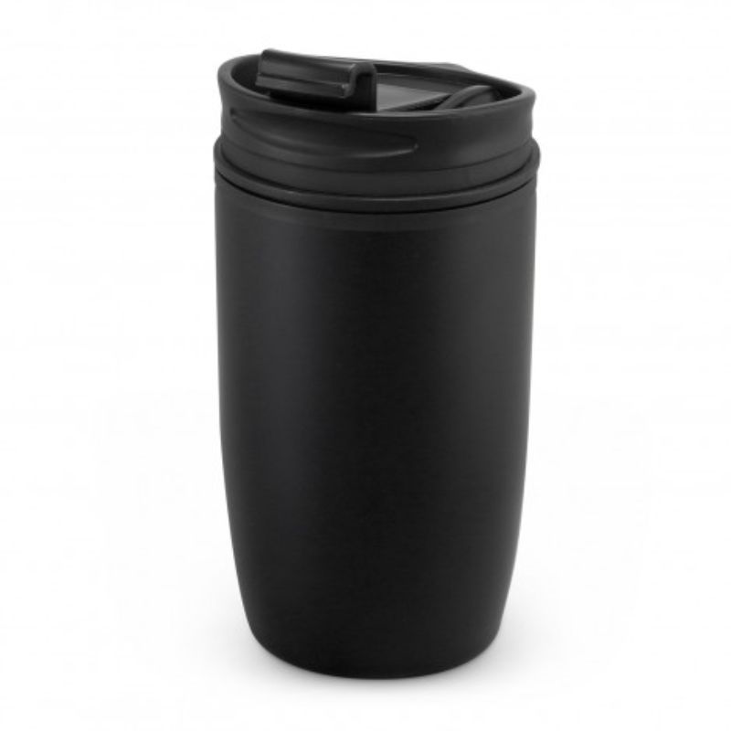 Set of 6 sleek black double wall cups, 300ml, stainless steel outer, polypropylene inner, secure lid, splashproof flip closure.