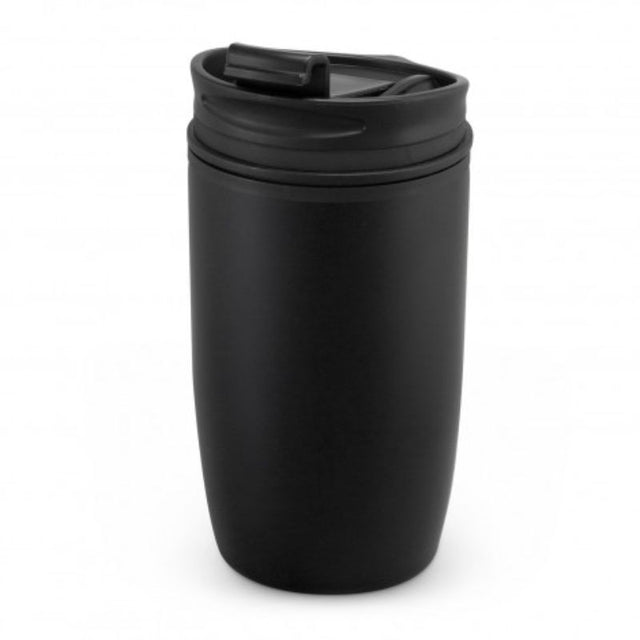 Set of 6 sleek black double wall cups, 300ml, stainless steel outer, polypropylene inner, secure lid, splashproof flip closure.