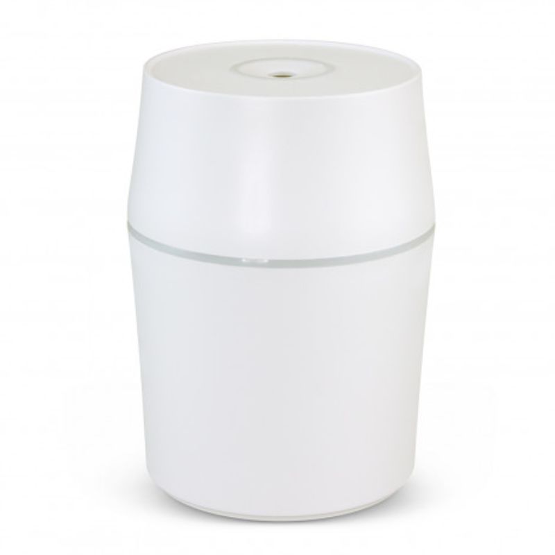 A sleek white aroma diffuser with 150ml capacity, ambient lighting, perfect for creating a relaxing atmosphere.