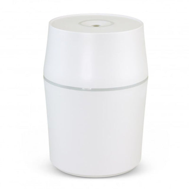 A sleek white aroma diffuser with 150ml capacity, ambient lighting, perfect for creating a relaxing atmosphere.