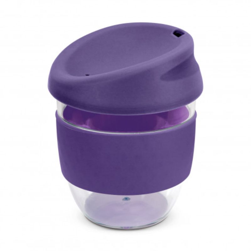 Set of 3 purple Nova Cups, 230ml Tritan, BPA-free, shatterproof, with silicone lid and band for hot or cold beverages.