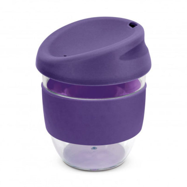 Set of 3 purple Nova Cups, 230ml Tritan, BPA-free, shatterproof, with silicone lid and band for hot or cold beverages.
