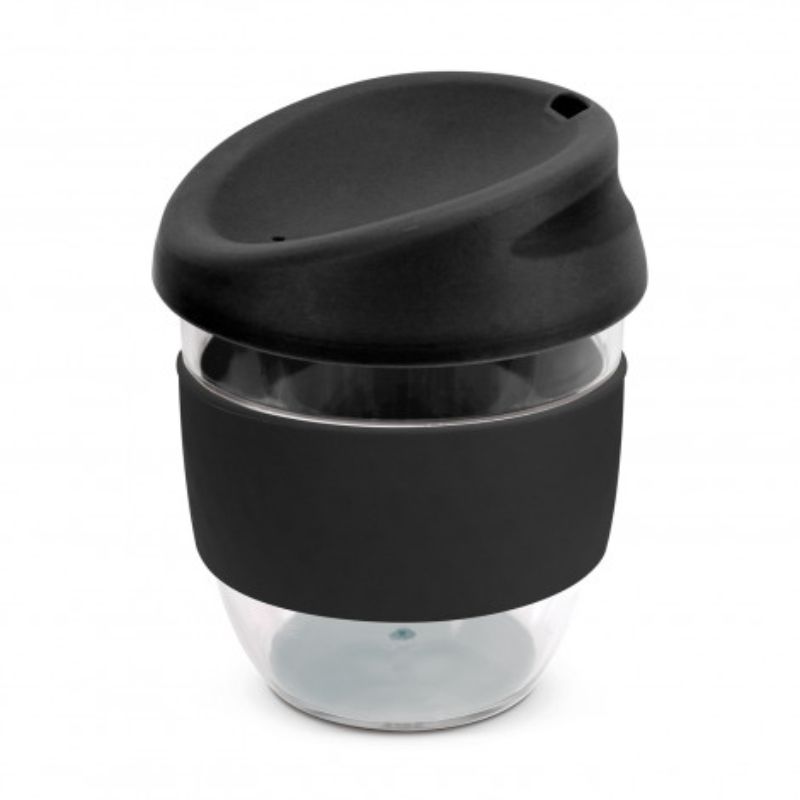 Set of 3 sleek black Tritan coffee cups with secure lids and heat-resistant bands for stylish, spill-free sipping.