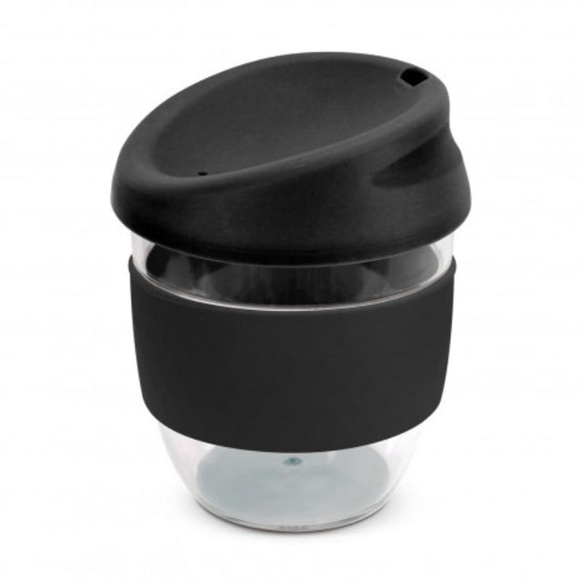 Set of 3 sleek black Tritan coffee cups with secure lids and heat-resistant bands for stylish, spill-free sipping.