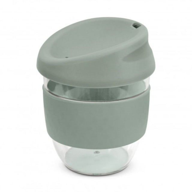 Set of three grey Tritan cups, 230ml, featuring silicone lids and bands, shatterproof, BPA-free, perfect for any beverage.