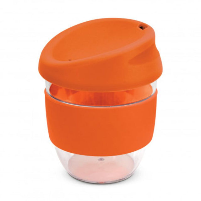 Set of 3 vibrant orange Tritan cups, 230ml, shatterproof, with silicone lids and bands for comfort and style.