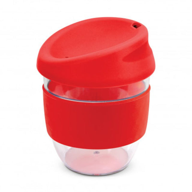 Set of 3 vibrant red Tritan cups, 230ml, with spill-proof lids and heat-resistant grips, ideal for hot and cold drinks.