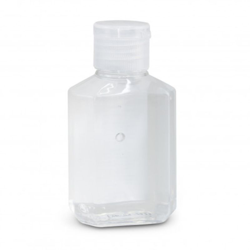 Set of 24 clear 60ml hand sanitiser gel bottles with flip cap, kills 99.9% of germs, perfect for on-the-go hygiene.