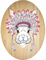 Vibrant Tribal Bunny plywood oval wall art, eco-friendly, perfect for nursery or gallery wall, ready to hang.