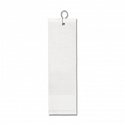 White golf towel made of 340gsm cotton, featuring eyelet and clip for easy attachment to bags, size W 150mm x L 455mm.