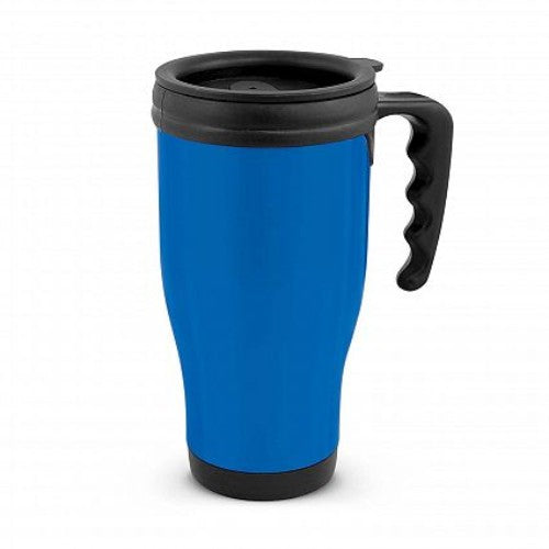 Set of 6 Royal Blue Commuter Travel Mugs, double-walled, 500ml, ergonomic handle, splash-proof lid for on-the-go drinks.