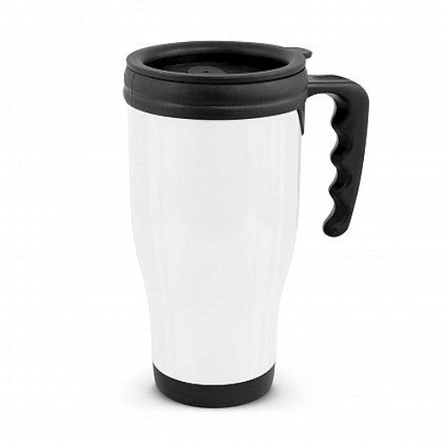 Set of 6 white commuter travel mugs with ergonomic handle, double wall insulation, and splash-proof sliding lids.
