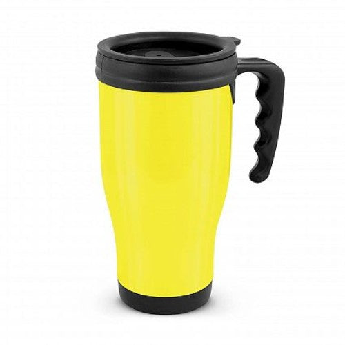 Set of 6 vibrant yellow commuter travel mugs with double wall insulation for hot beverages on the go.