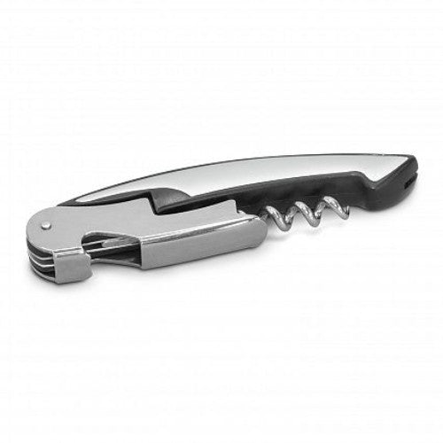 Set of 6 elegant silver and black wine waiters knives with corkscrew, bottle opener, and foil cutter for seamless wine service.
