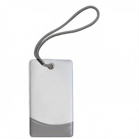 Set of 10 white and silver luggage tags with address panels and sturdy straps for stylish travel organization.