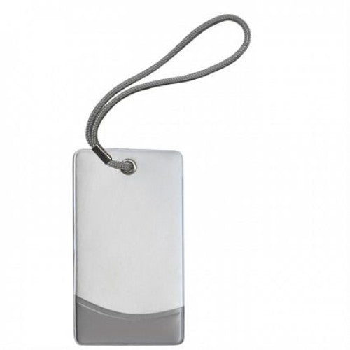 Set of 10 white and silver luggage tags with address panels and sturdy straps for stylish travel organization.