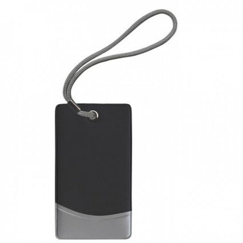 Set of 10 black and silver Trekka luggage tags with address panels and woven straps for secure attachment.