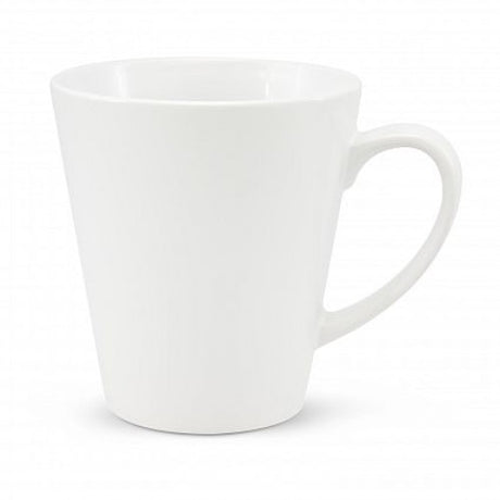 Elegant white stoneware latte mug with 300ml capacity, perfect for lattes and cappuccinos, presented in a stylish gift box.