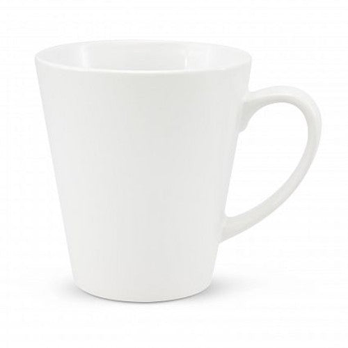 Elegant white stoneware latte mug with 300ml capacity, perfect for lattes and cappuccinos, presented in a stylish gift box.