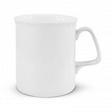 Elegant white bone china coffee mug with ergonomic design, perfect for enjoying beverages, presented in a sleek gift box.