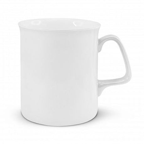 Elegant white bone china coffee mug with ergonomic design, perfect for enjoying beverages, presented in a sleek gift box.