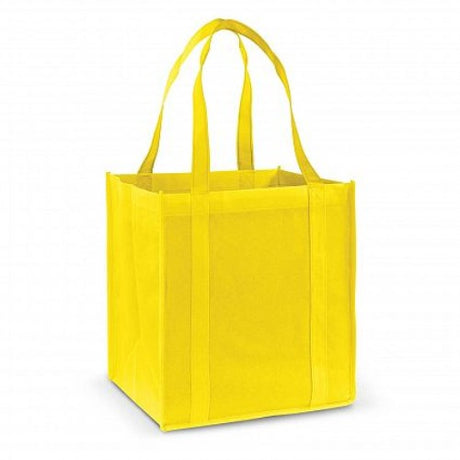 Bright yellow eco-friendly tote bags, set of 20, with reinforced handles and spacious design for sustainable shopping.