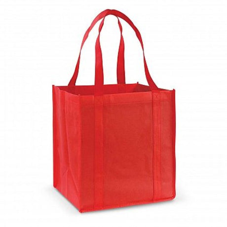 Vibrant red eco-friendly tote bags, set of 20, with reinforced handles and spacious gusset for heavy shopping.