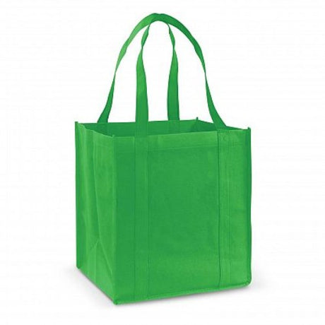 Bright green reusable tote bags, set of 20, sturdy non-woven material with reinforced handles for heavy shopping.