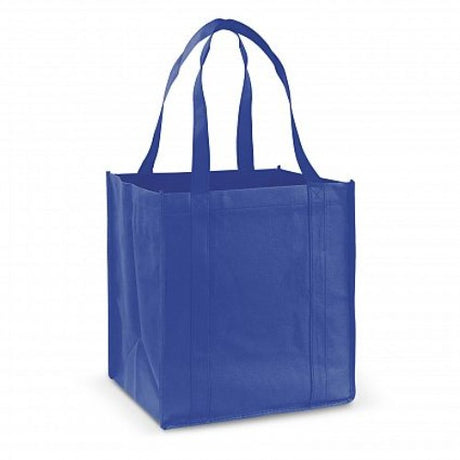 Set of 20 royal blue eco-friendly tote bags with reinforced handles, large gusset, and sturdy cardboard base for heavy items.