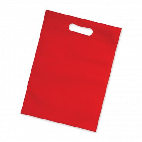 Red eco-friendly gift tote bags with die-cut hand grips, 80gsm, pack of 50, perfect for events and presentations.