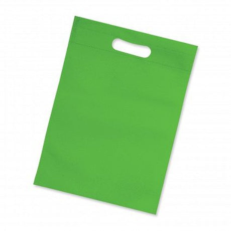 Bright green eco-friendly gift tote bags in a pack of 50, made from 80gsm recyclable non-woven material with die-cut handles.