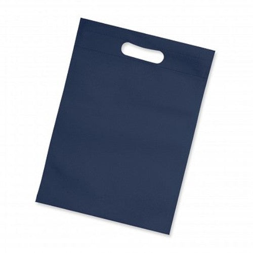 Navy eco-friendly gift tote bags, pack of 50, featuring heat-sealed design and die-cut hand grips for easy carrying.