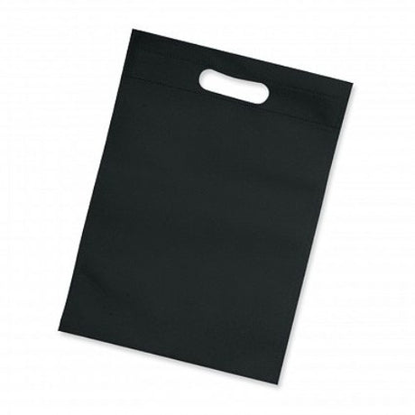 Black eco-friendly gift tote bags with die-cut hand grips, 80gsm, H 260mm x W 180mm, pack of 50 for sustainable gifting.