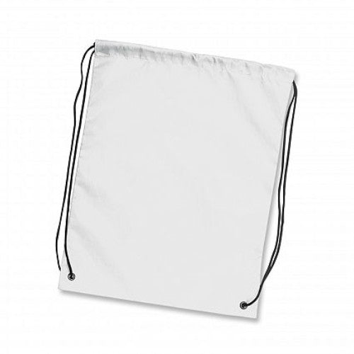 Set of 20 white drawstring backpacks made of durable 210D polyester, ideal for schools and events, featuring reinforced eyelets.