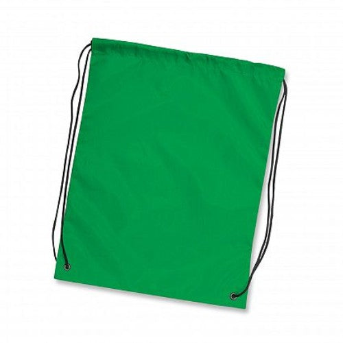 Set of 20 dark green drawstring backpacks made from durable 210D polyester, perfect for promotions and outdoor events.